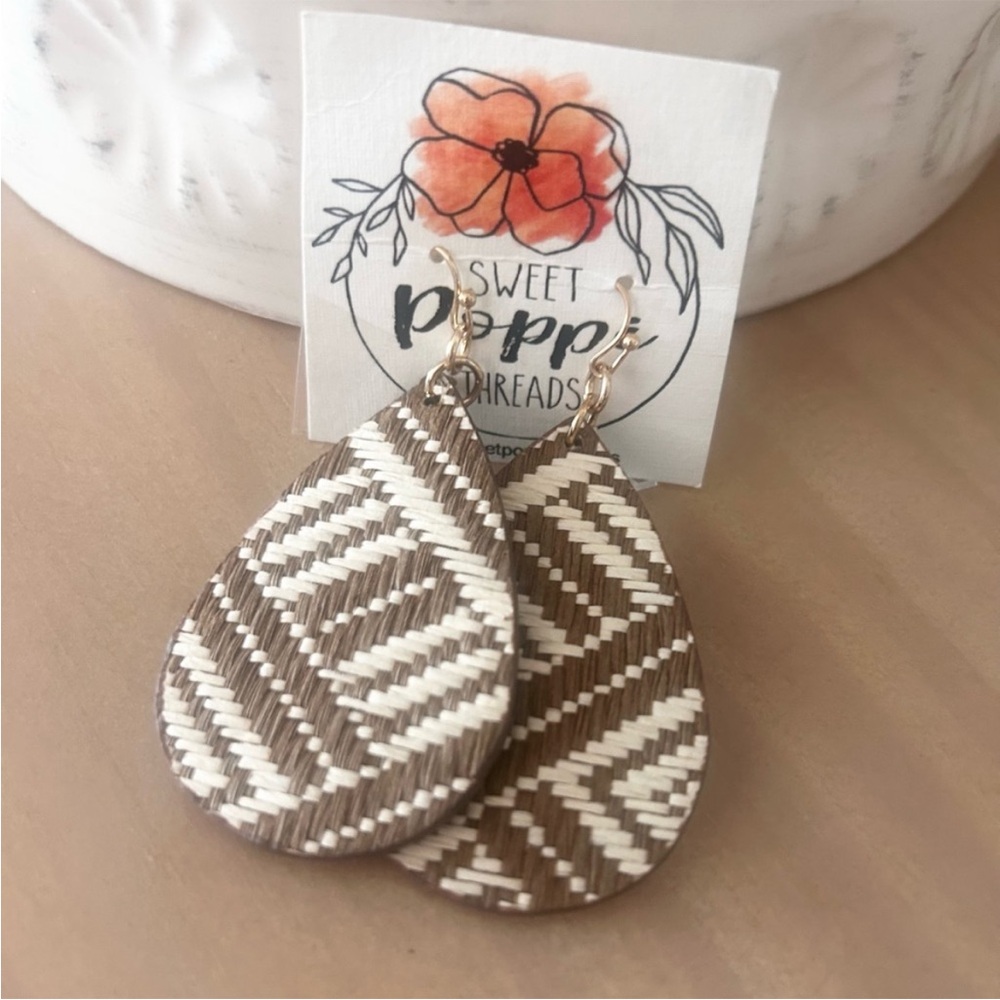 Brown and White Woven Teardrop Earrings